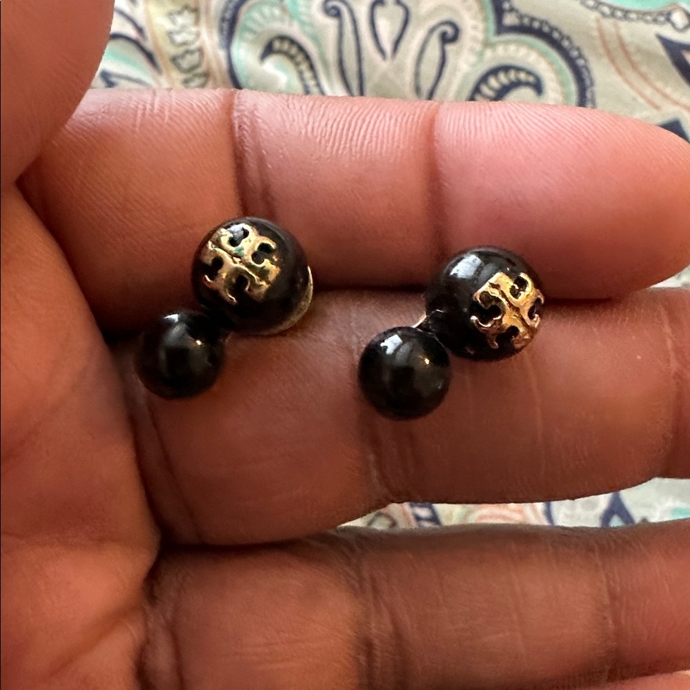 Tory Burch Evie Double Stud Earrings featuring black glass pearls and gold